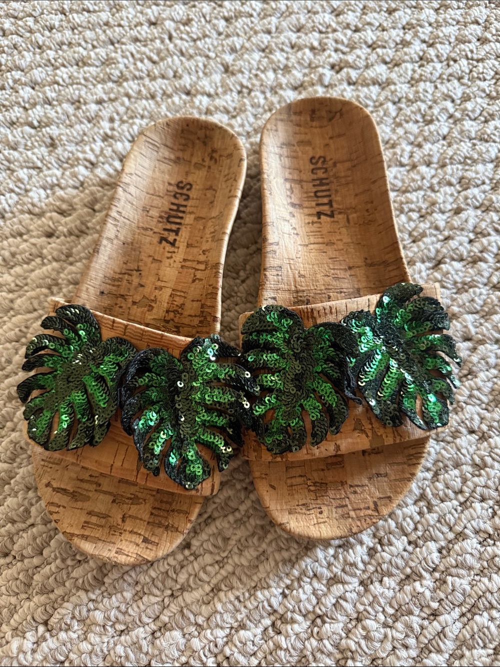 SCHUTZ Green Sequin Leaf Cork Slide Mules